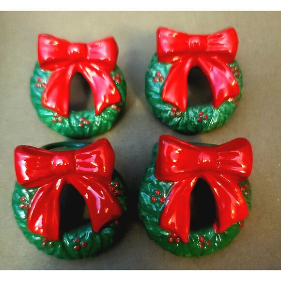 Vintage Wreath‎ and Red Bow Gloss Ceramic Napkin Rings Lot of 4 - Picture 1 of 3